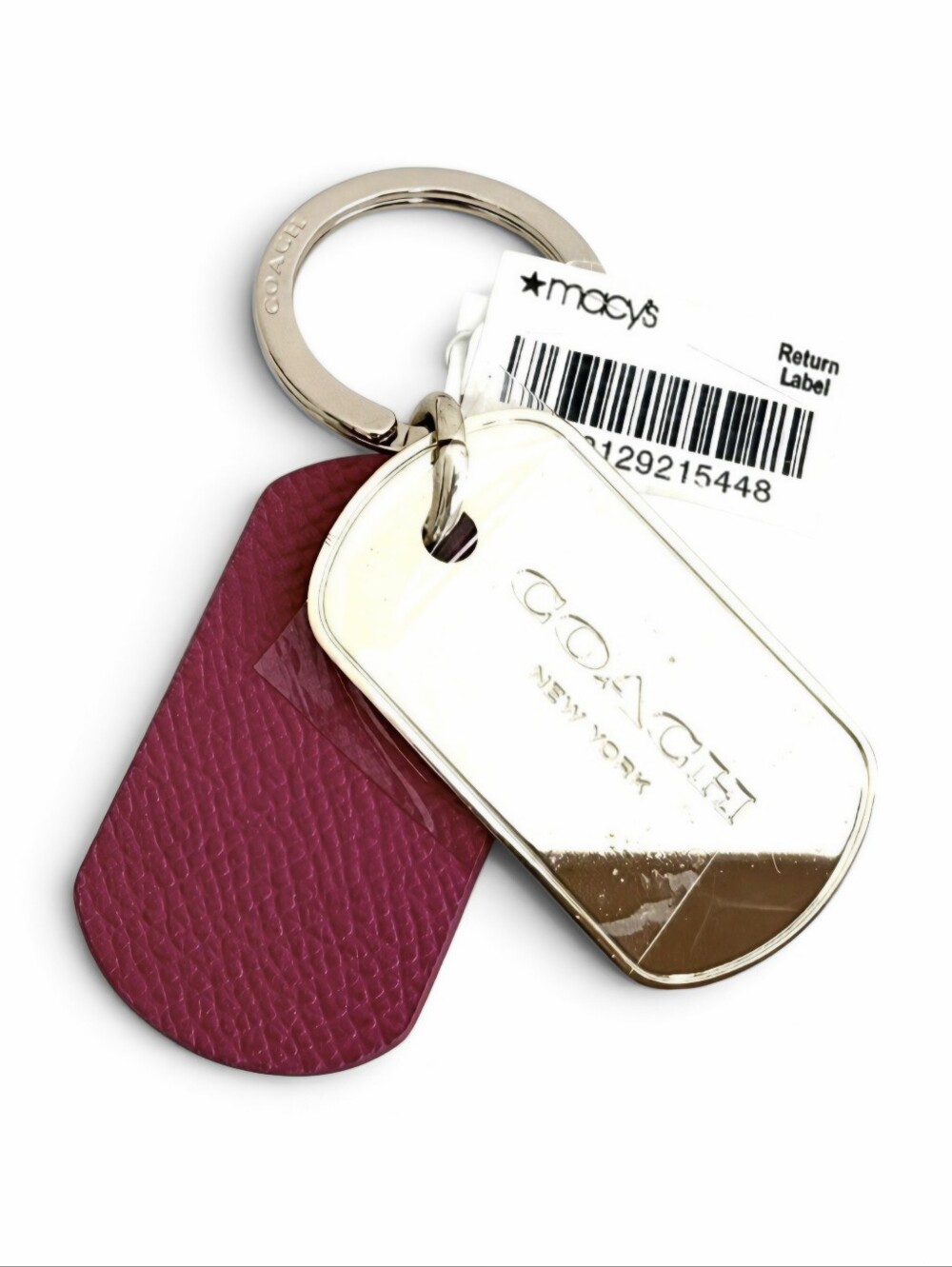 COACH Gold-Tone Logo Dog Tag Key Ring with Berry Leather Tag